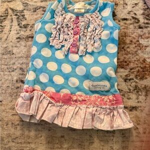 SweetHoney Blue Polka Dot Ruffle Tank Dress with Pink Trim